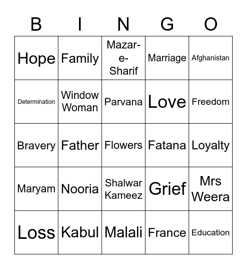'Parvana' Bingo Card