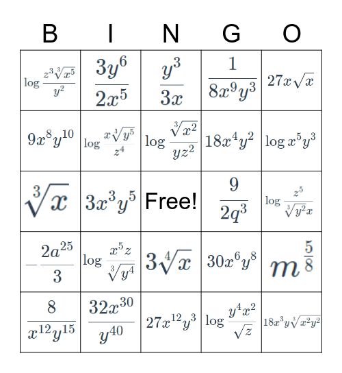 Exponents and Logarithms Bingo Card