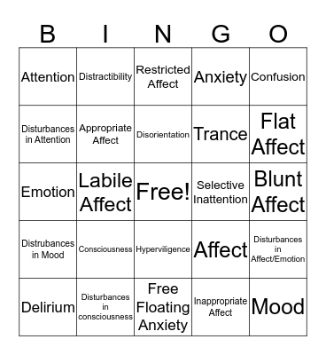Occupational Therapy Mental Health Bingo Card