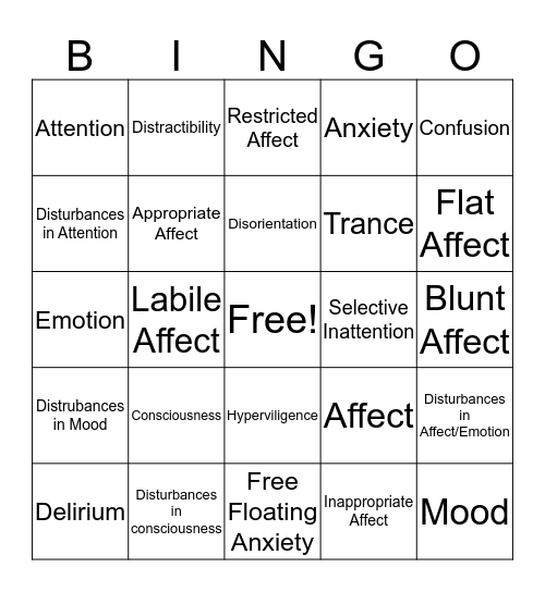 Occupational Therapy Mental Health Bingo Card