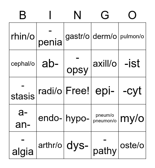 Medical Terminology STJ Bingo Card