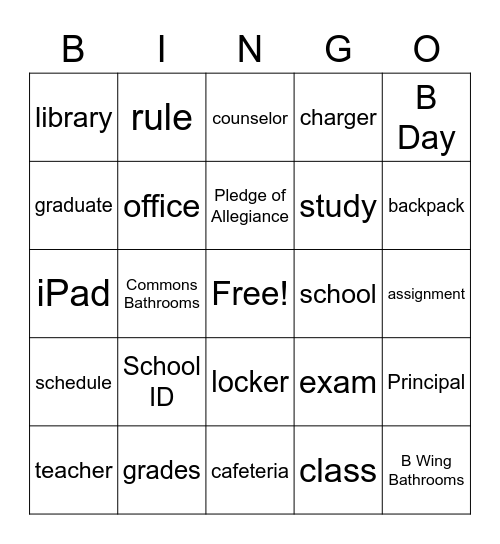 School Basics Bingo Card
