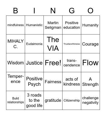 Positive Psychology Bingo Card