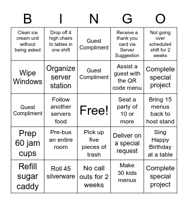 Front of the House Bingo Card