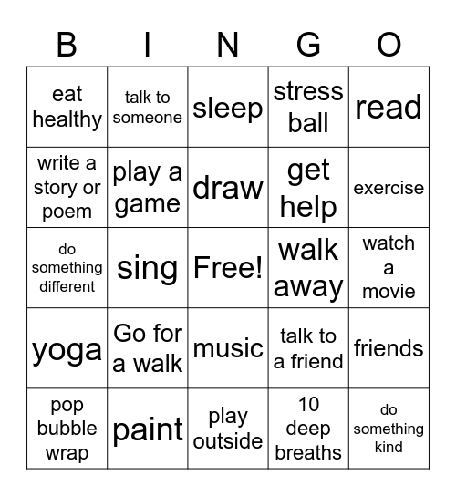 Coping Skills Bingo Card