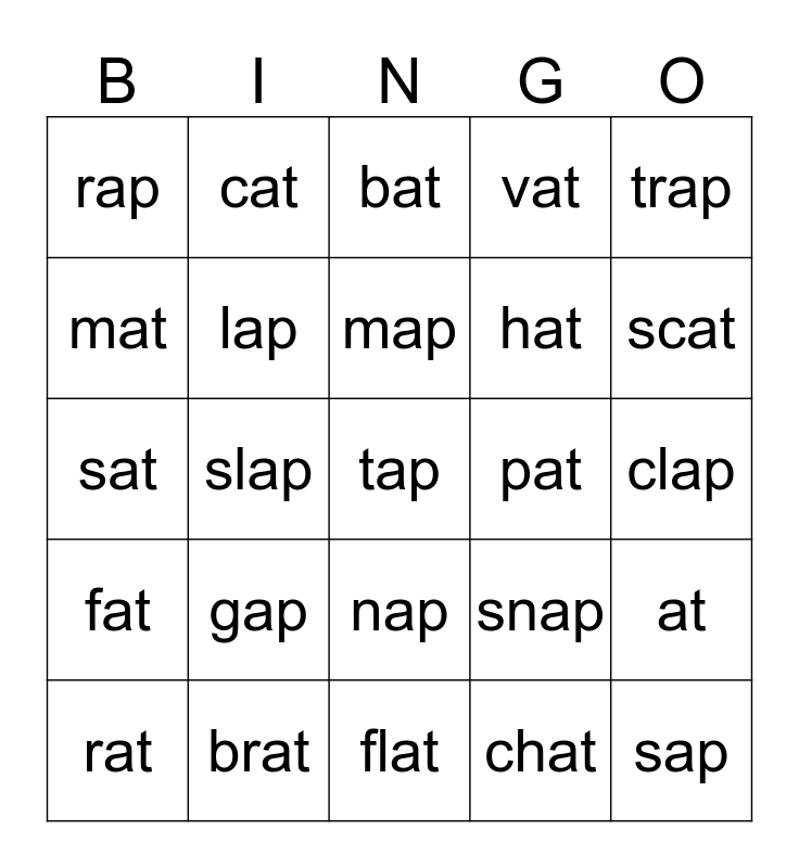 Word Family Bingo Card