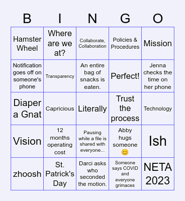NETA Meeting Bingo Card