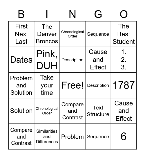 Text Structure Bingo Card