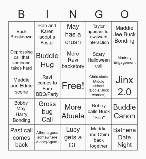 911 Season 6 Bingo Card