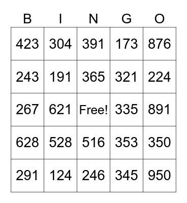 Hundreds, Tens, and Ones Place Value Bingo Card