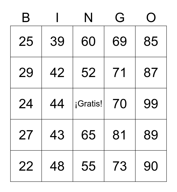 Numbers 20 100 bingo card