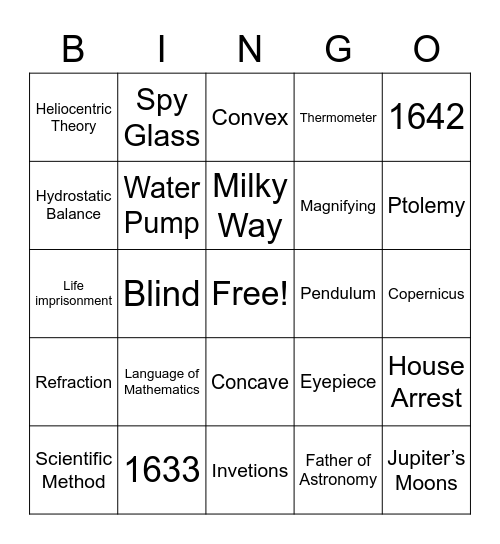 Galileo and the Telescope Listening Bingo Card