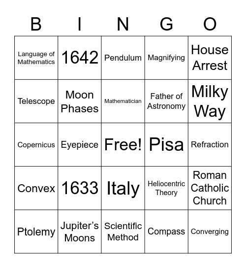 Galileo and the Telescope Listening Bingo Card