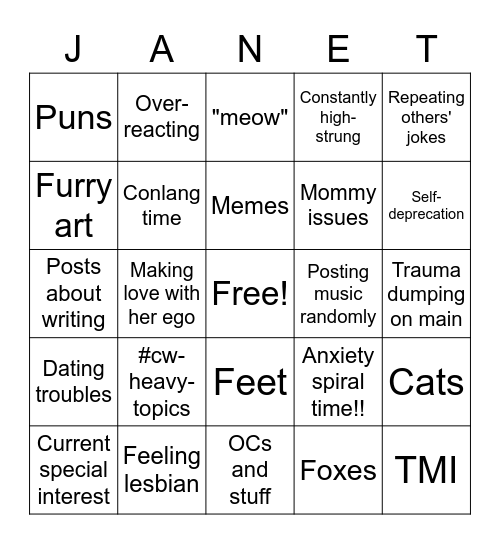 Janet Bingo Card