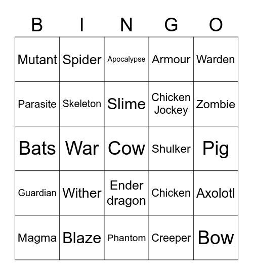 Mine craft mobs 1 Bingo Card