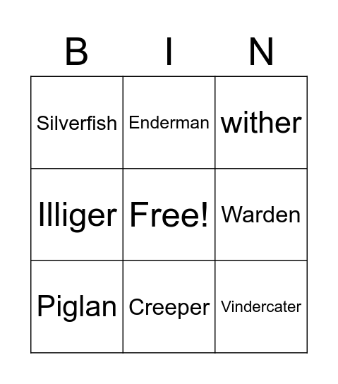Minecraft mobs Jk Bingo Card
