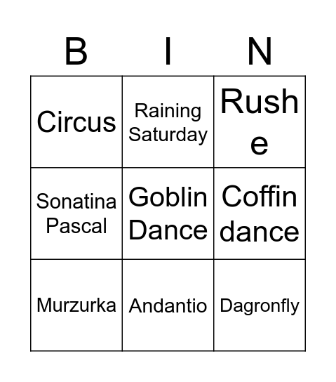 Piano Songs Jk Bingo Card