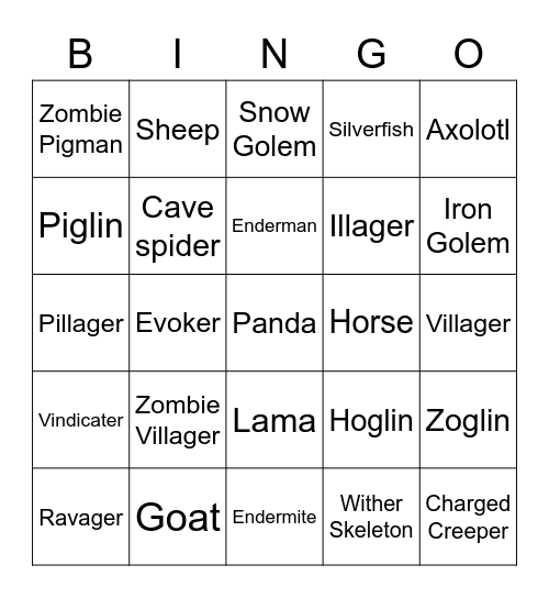 Mine craft mobs 2 Bingo Card