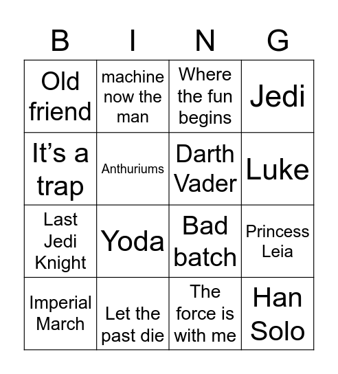 Star Wars songs Jk Bingo Card