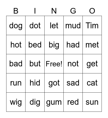 Pre-E Phonics Bingo Card