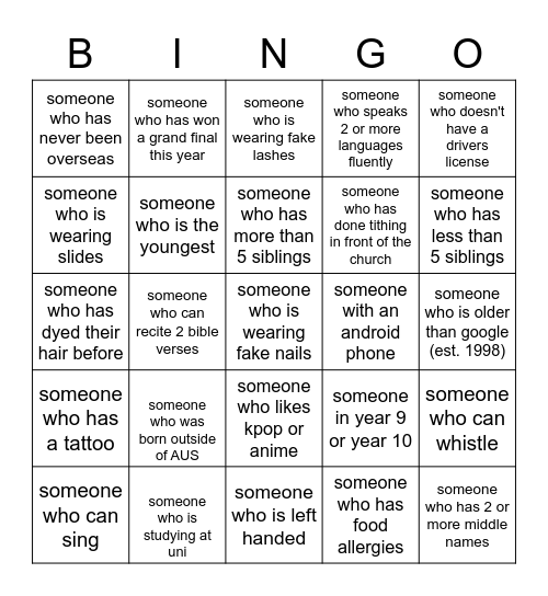 YOUTH BINGO Card