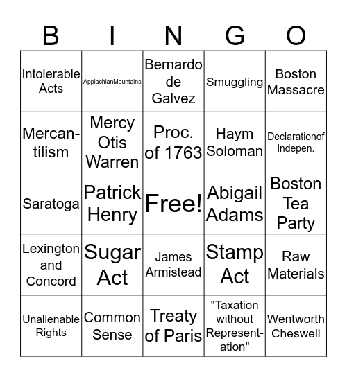 American Revolution Bingo Card