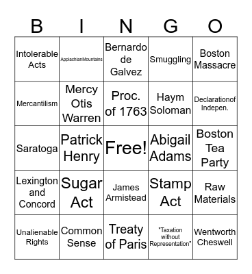 American Revolution Bingo Card