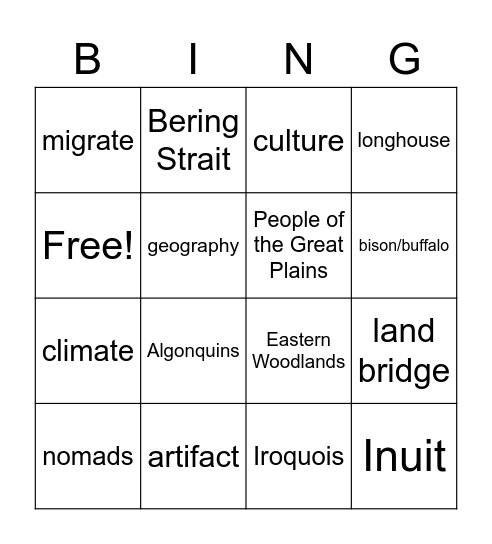 Unit 1 - Native Americans Bingo Card