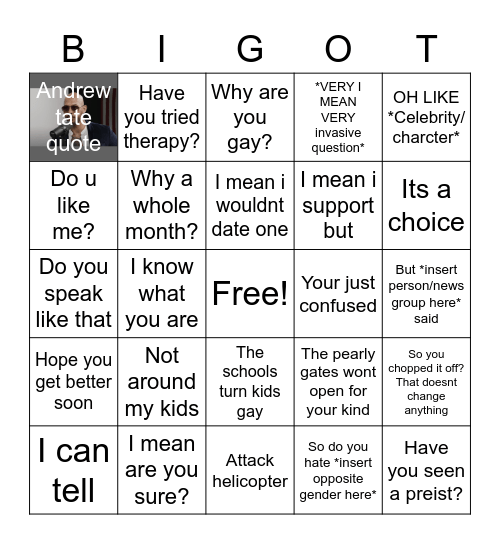 Bigot Bingo Card