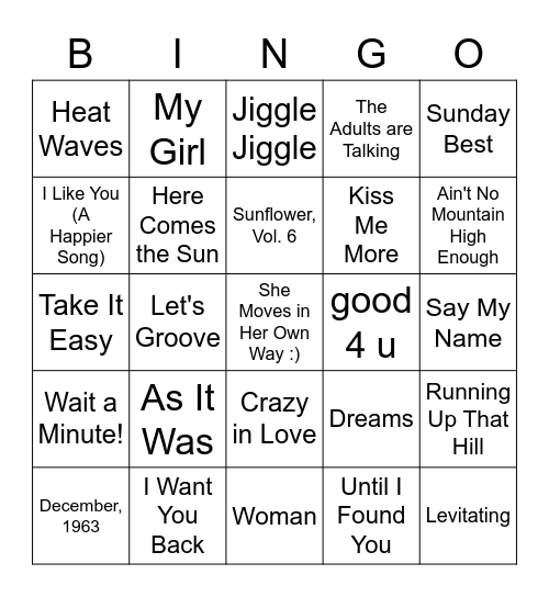 Song Bingo #1 Bingo Card