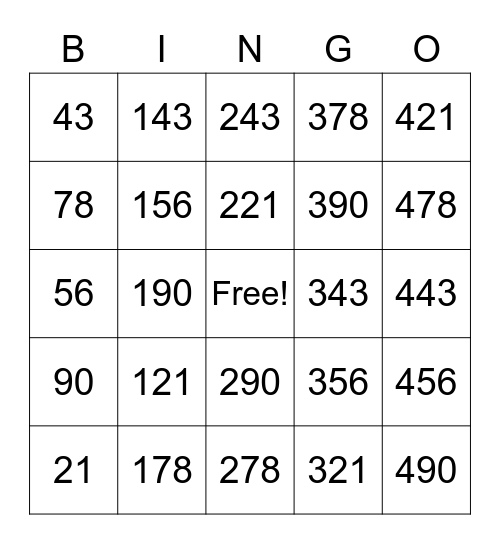 Big Numbers Bingo Card