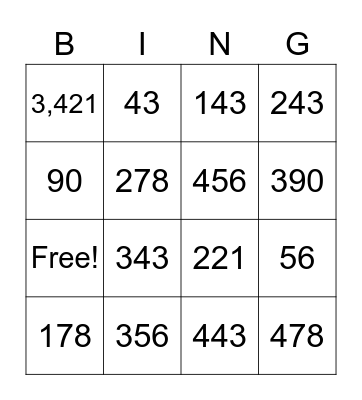 Big Numbers Bingo Card