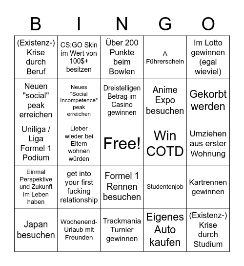 Early 20's Bingo Card