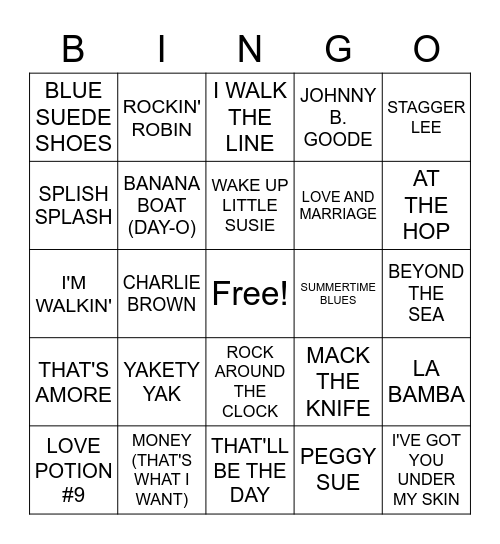 50S HITS Bingo Card