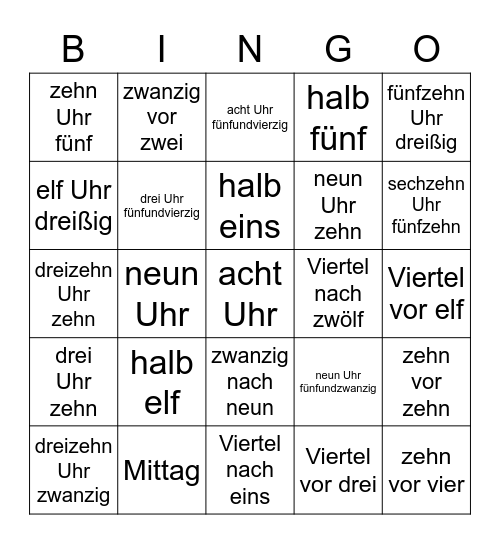 Uhrzeiten Bingo Card