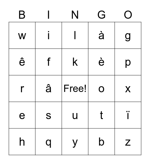 Alphabet Français Bingo Card