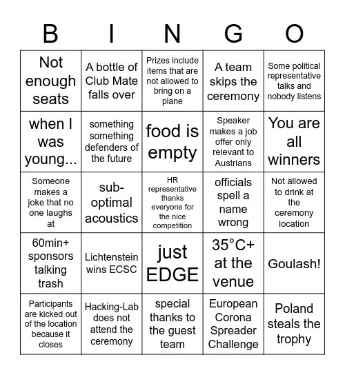 ECSC 2022 Award Ceremony Bingo Card