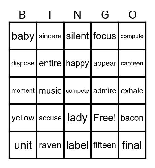 Two-Syllable Long Vowel Words Bingo Card