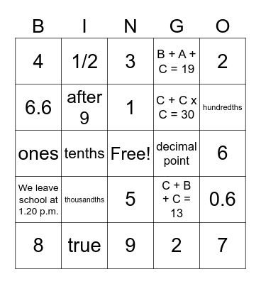 Back-2-School Math Bingo Card