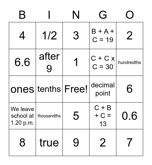 Back-2-School Math Bingo Card