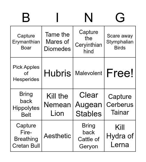 Hercules 12 labors game Bingo Card