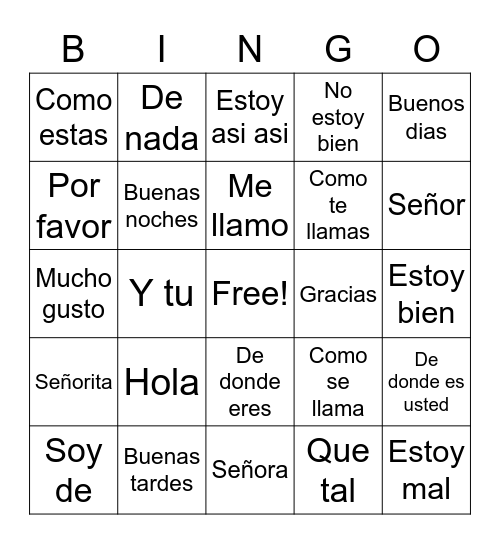 Spanish greetings Bingo Card