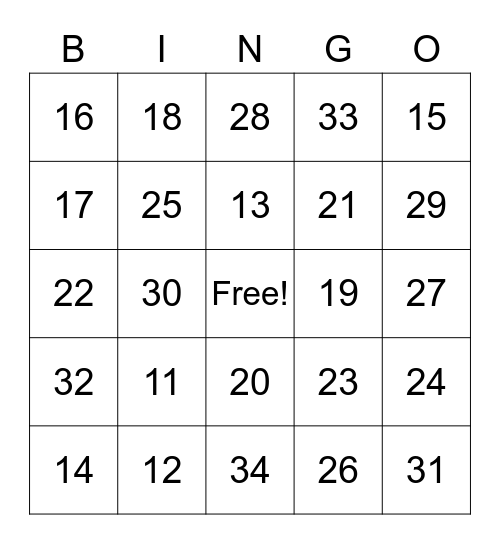 Number Bingo Card