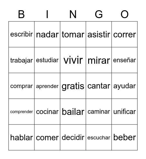 Regular Verbs Bingo Card