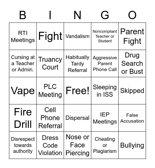 Admin Bingo Card