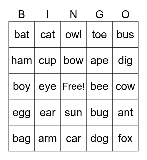 Three Letter Word Bingo Card