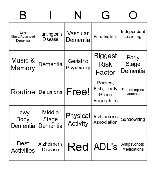 Dementia Bingo Card