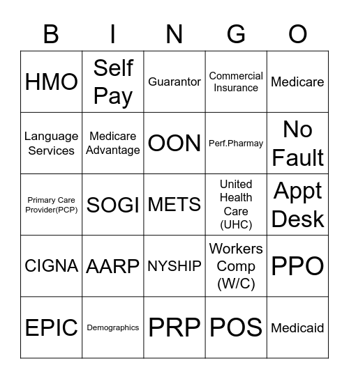 Patient Access Bingo Card