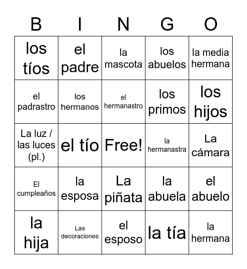 La familia 5A Bingo Card