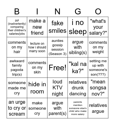 going home bingo Card